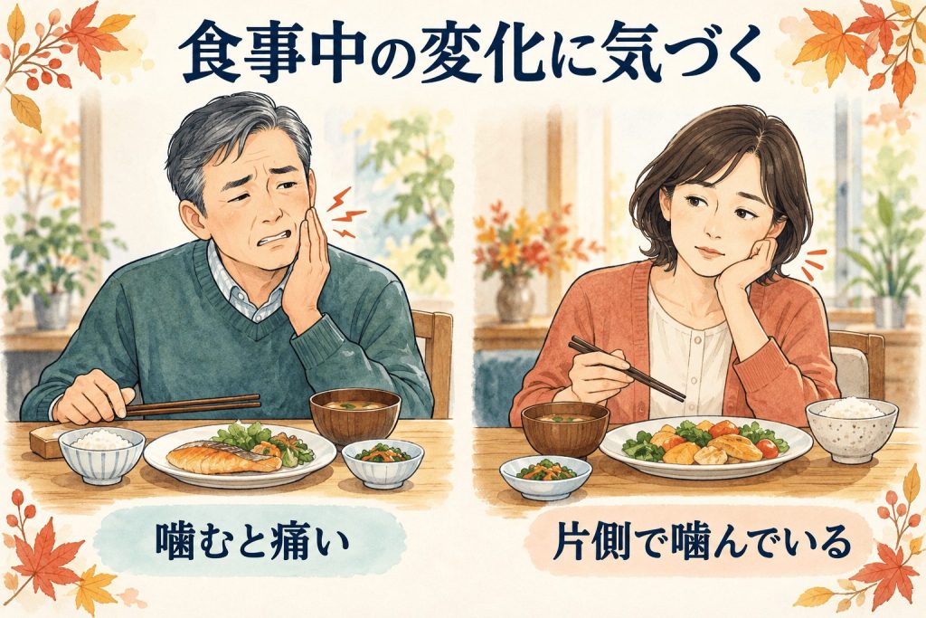 噛むと痛い・片側で噛むときのサイン|会津若松市の一箕歯科医院 「噛むと痛い」「片側で噛んでいる」という食事中の変化を示すイラスト