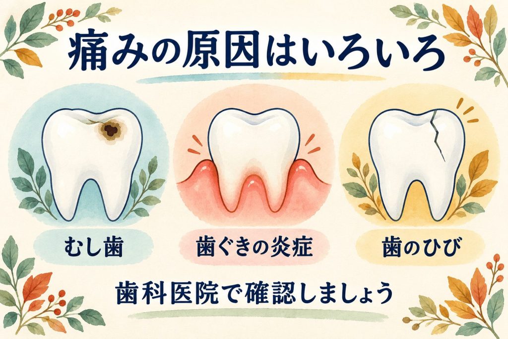 噛むと歯が痛む原因を知る|会津若松市の一箕歯科医院 むし歯・歯ぐきの炎症・歯のひびを並べ、歯科医院での確認を促す説明図