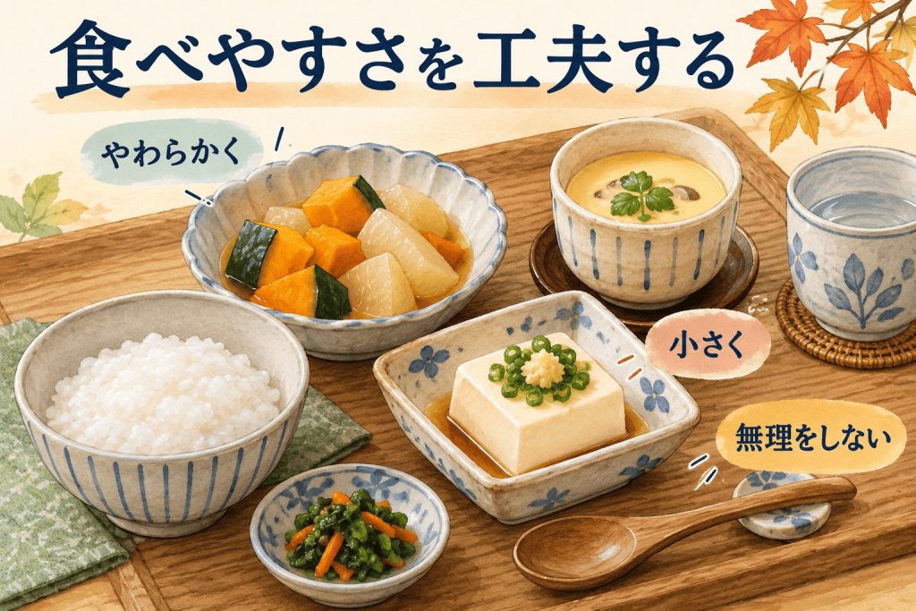 歯が痛むときの食べやすい食事の工夫|会津若松市の一箕歯科医院 煮物・豆腐・茶碗蒸しとともに、「やわらかく」「小さく」「無理をしない」食事の工夫を示すイラスト