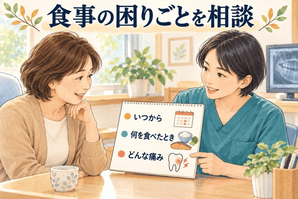 噛むときの痛みを歯科で相談するポイント|会津若松市の一箕歯科医院 「いつから」「何を食べたとき」「どんな痛み」をメモにまとめ、歯科で相談する様子のイラスト