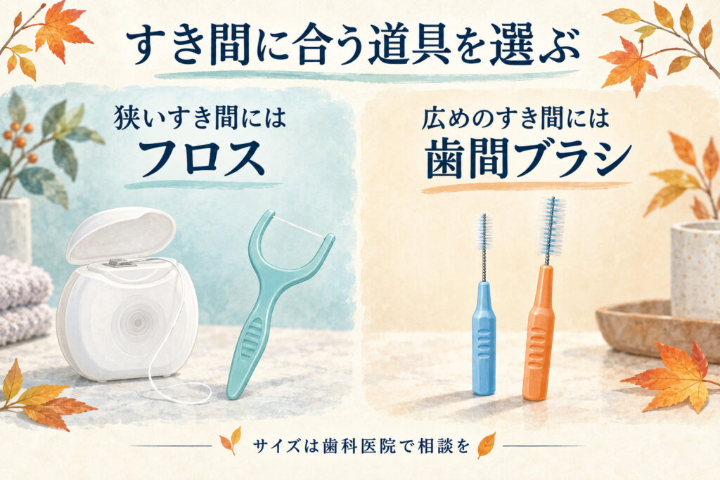 狭い歯のすき間にはフロス、広めのすき間には歯間ブラシを選ぶ方法