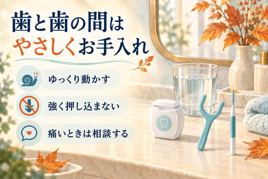 フロスや歯間ブラシをゆっくり動かし強く押し込まない歯間ケアのポイント