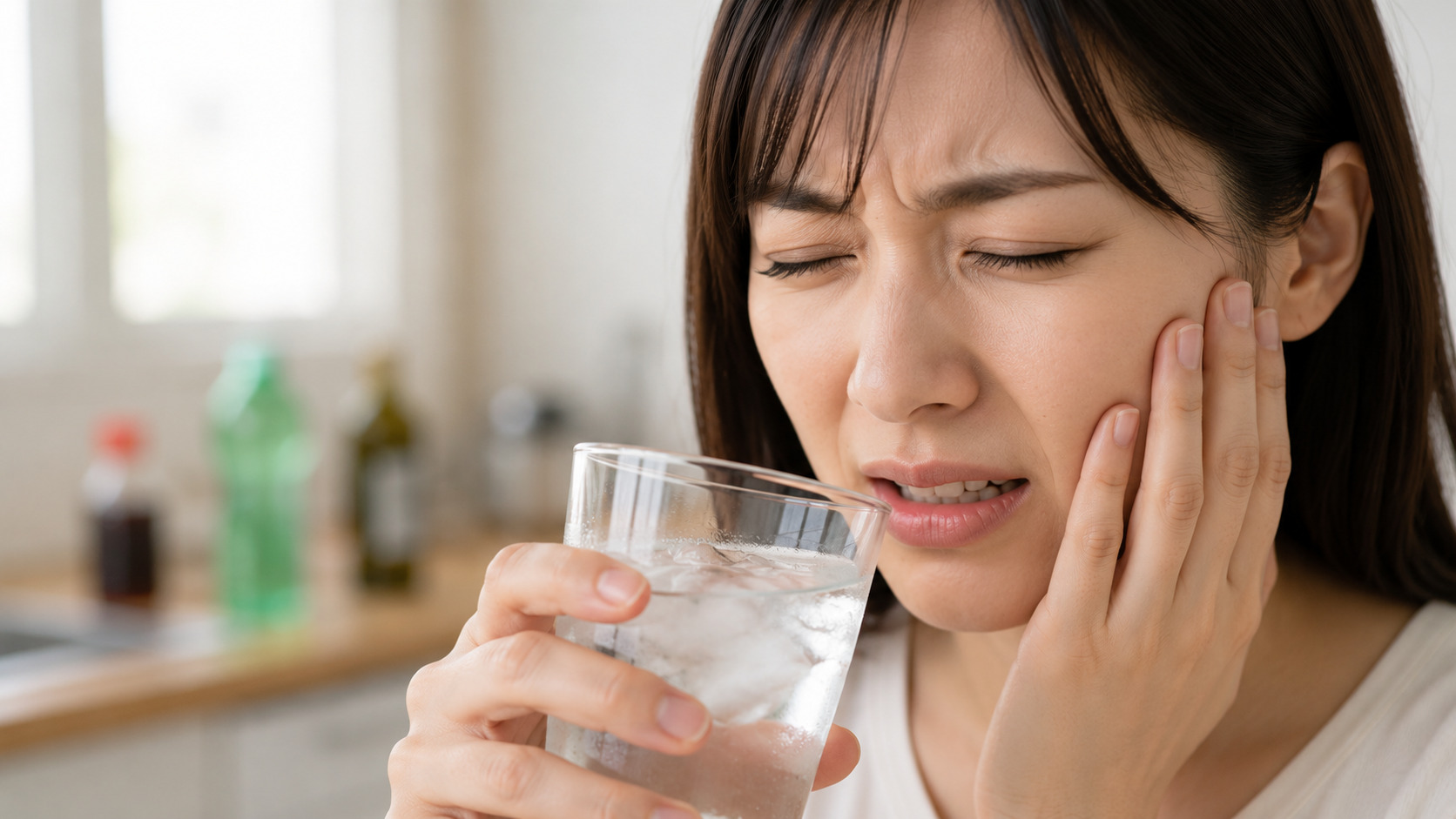 冷たい飲み物を飲んだ際に歯がしみる症状に悩む女性