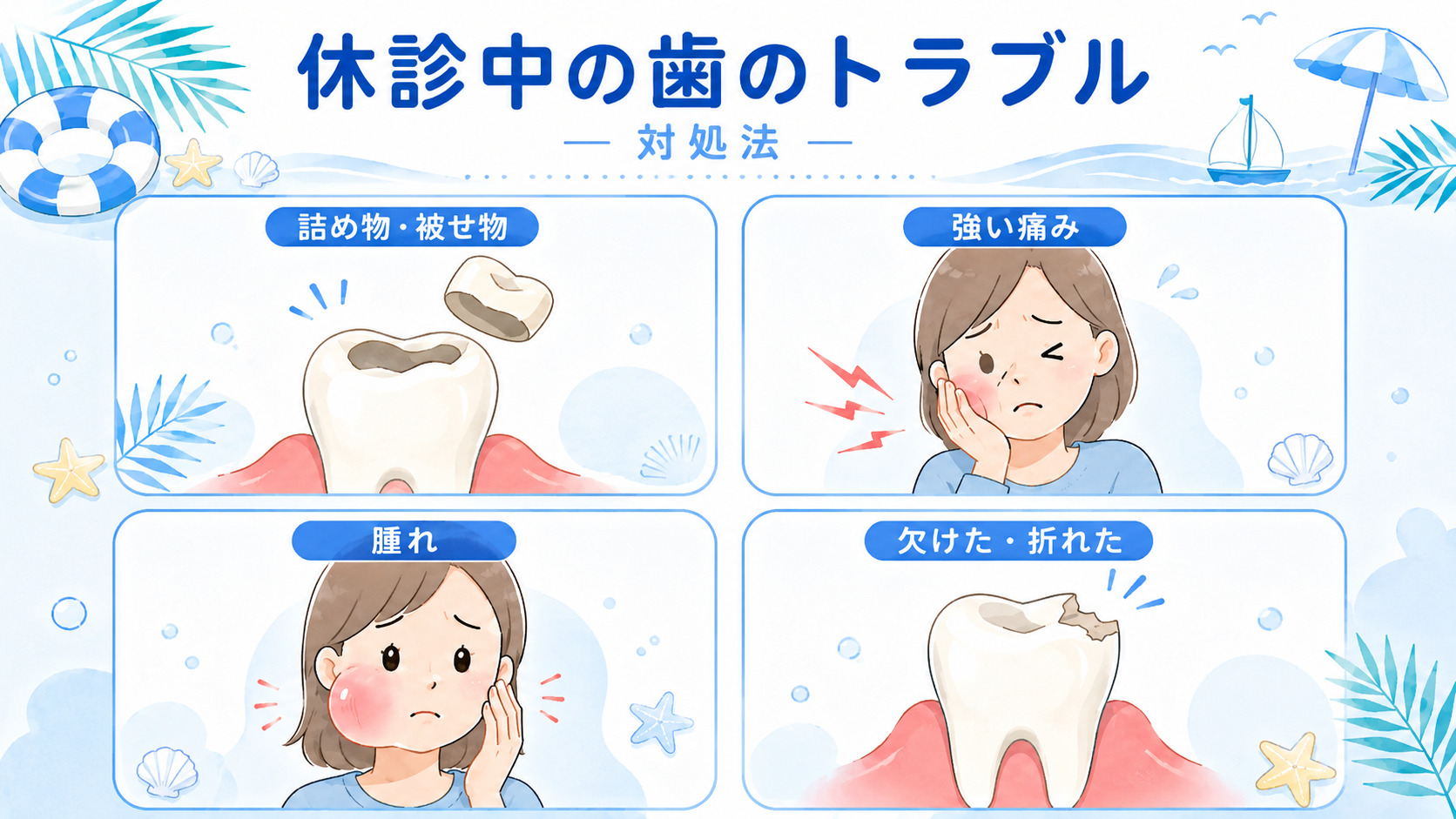 休診中に起こりやすい詰め物の脱離、強い歯の痛み、腫れ、歯の欠けや破折