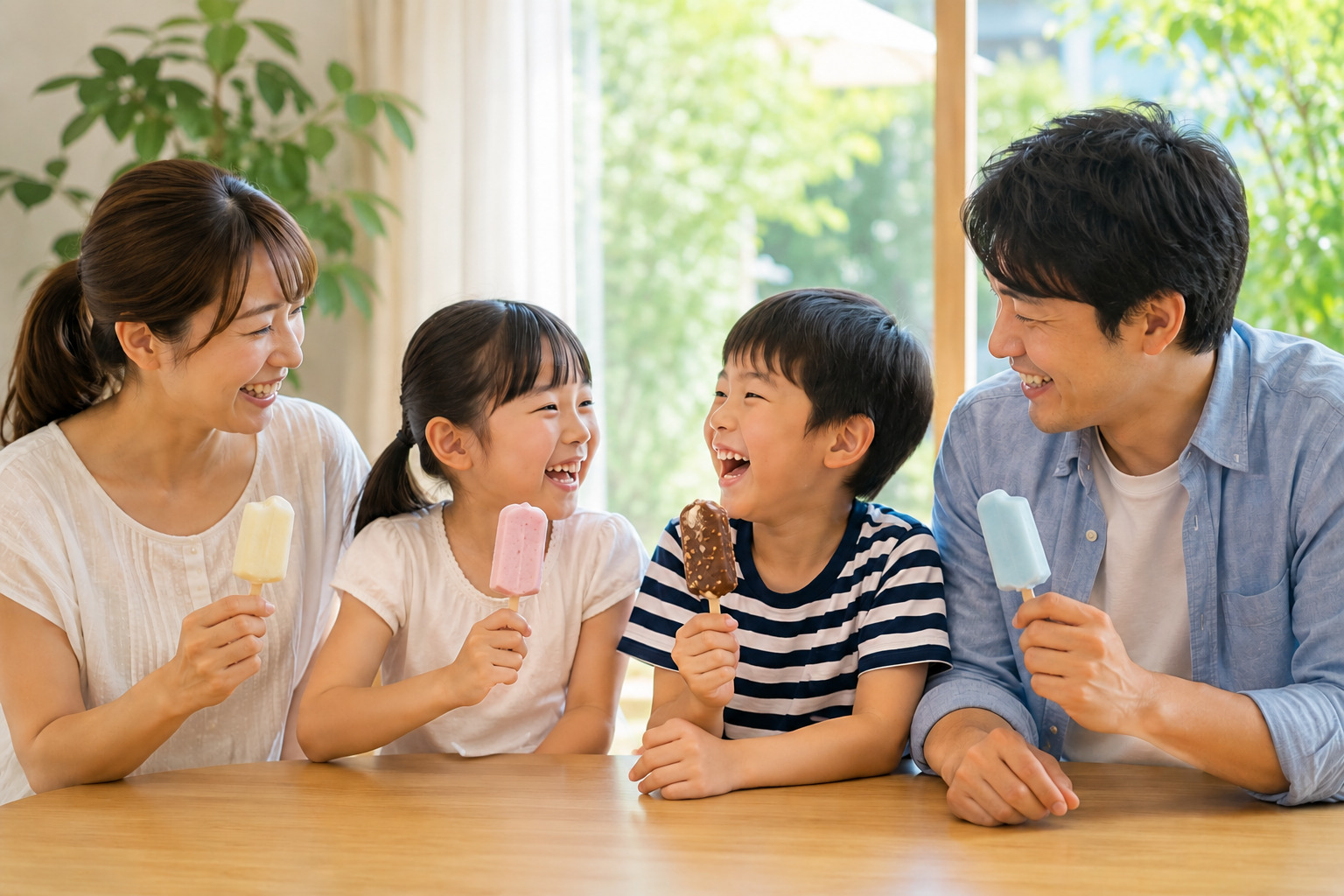 家族でアイスを楽しんでいる様子