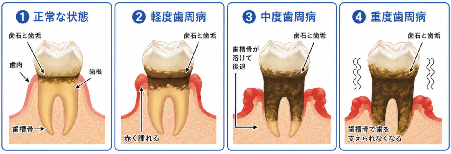 歯周病の進行による歯ぐきと歯槽骨の変化